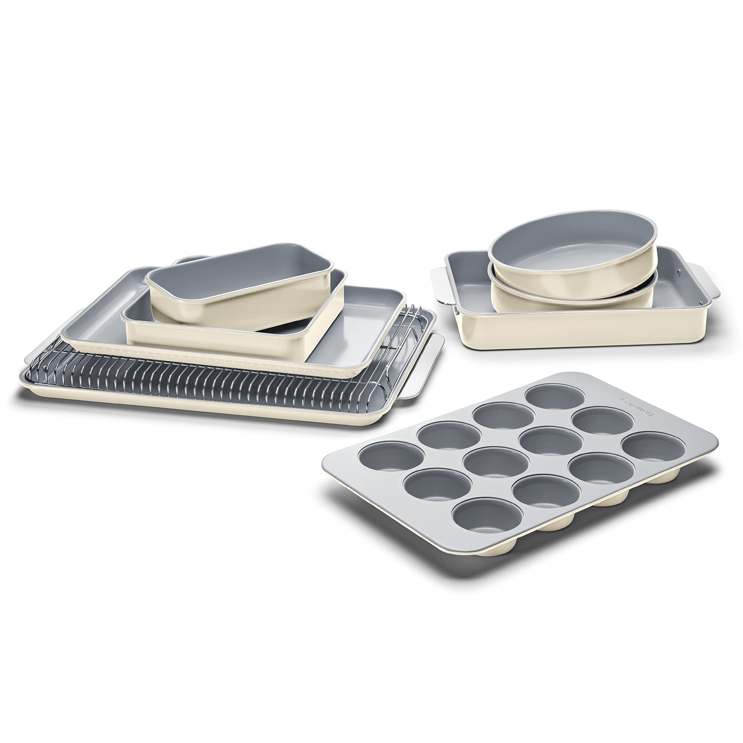 Caraway Nonstick Ceramic Bakeware Set (11 Pieces) - Baking Sheets, Assorted Baking Pans, Cooling Rack, & Storage - Aluminized Steel Body - Non Toxic, PTFE & PFOA Free - Cream