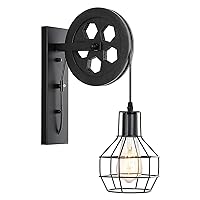 1-Light Rustic Wall Light Lift Pulley with Matte Iron Cage Lampshade Industrial Mid Century Sconce for Indoor Lighting Barn Restaurant (Black Color)