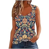 Womens Crew Neck O Ring Shoulder Tank Tops Cute Floral Print Sleeveless Tee Shirt Loose Fit Running Athletic Shirts