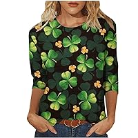Womens St Patrick's Day Clover T-Shirt Loose Casual 3/4 Sleeve Holiday Tops Ladies Fashion Lucky Shamrock Printed T Shirts