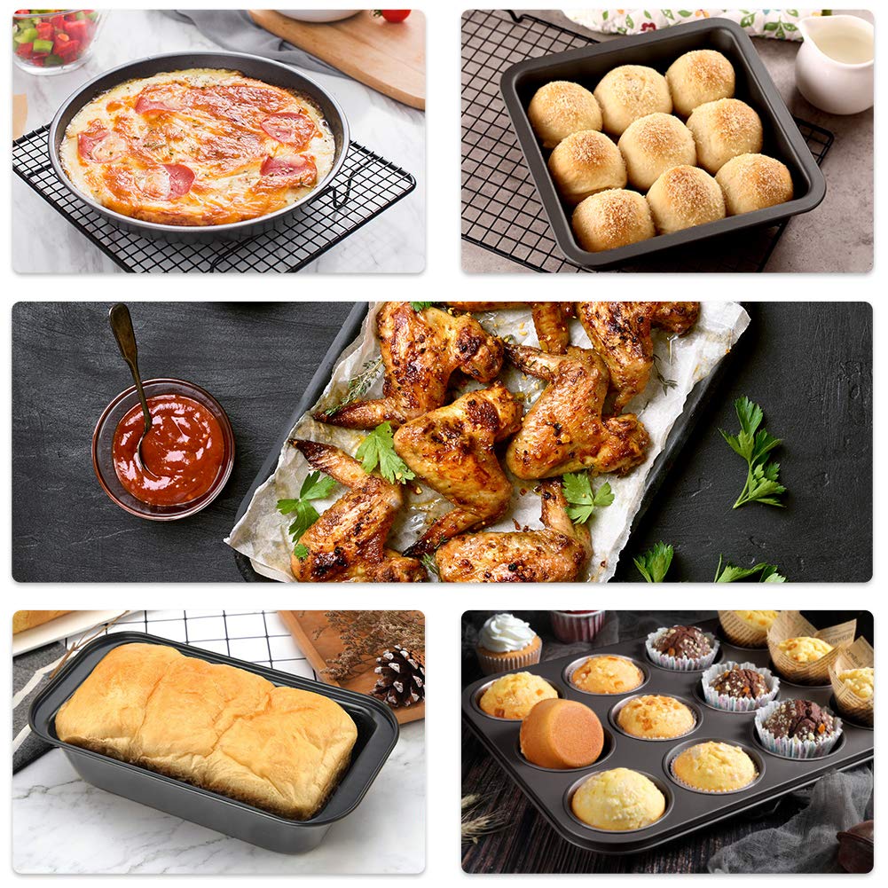 Nonstick Bakeware Set, 5 Pcs Bakeware Include Cookie Sheet, Loaf Pan, Square Pan, Round Cake Pan, 12 Cups Muffin Pan