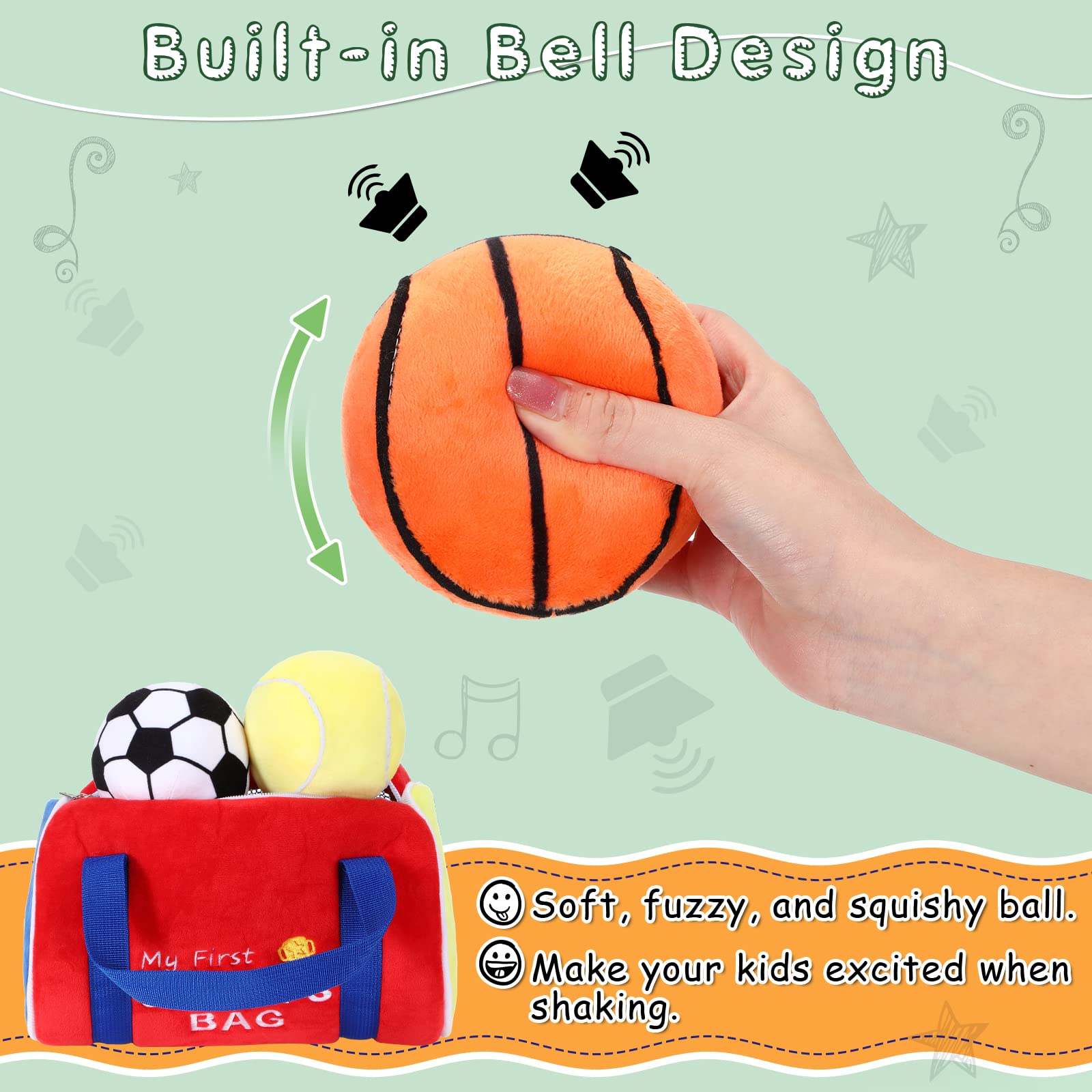 Skylety 6 Pieces My Soft Sports Bag Stuffed Plush with Sound Playset Stuffed Plush Soccer Ball, Basketball, Tennis, Baseball, Football for Little Teenager Party Favor Sports Game