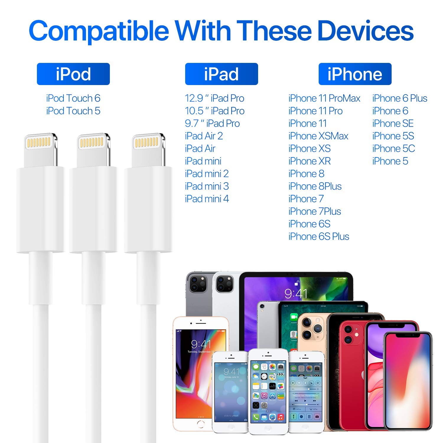 iPhone Charger AUNC 3PACK 6Feed Long Lightning to USB Charging Cable Fast Connector Data Sync Transfer Core Compatible with iPhone 14/iPhone 11/Xs Max/X/8/7/Plus/6S/6/SE/5S iPad