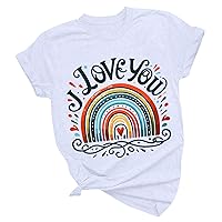 I Love You Fashion Women Shirt Rainbow Heart Graphic Short Sleeve T-Shirt 2024 Valentines Casual Crewneck Tee Tops