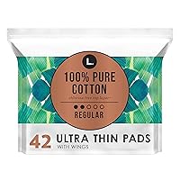 L. Ultra Thin Unscented Pads with Wings, Regular Absorbency, 42 Ct, 100% Pure Cotton Chlorine Free Top Layer