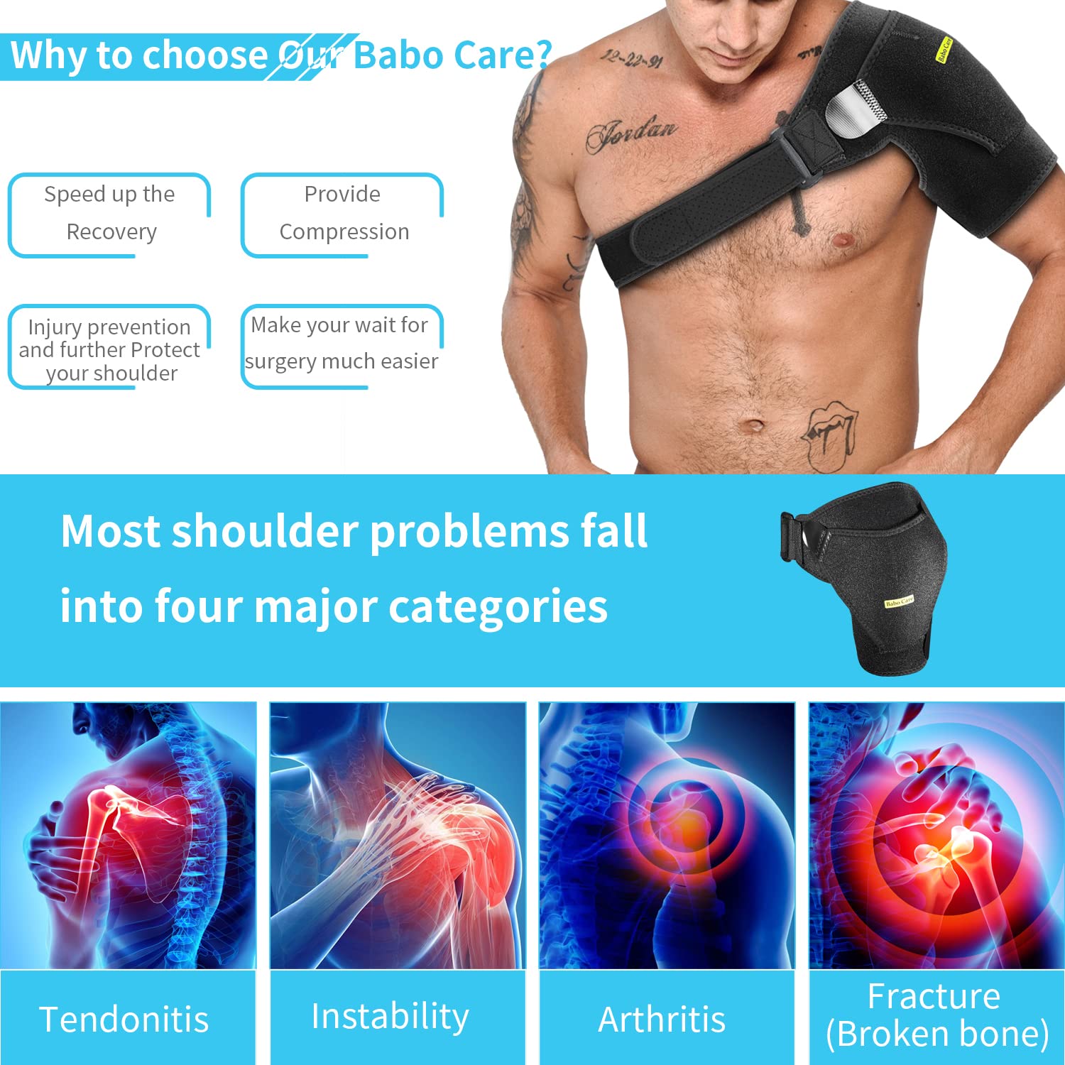 Babo Care Shoulder Stability Brace with Pressure Pad, Breathable Neoprene Shoulder Support Brace for Torn Rotator Cuff, Dislocated AC Joint, Labrum Tear, Shoulder Pain Relief, Shoulder Compression Sleeve