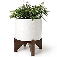 LA JOLIE MUSE White Ceramic Plant Pot with Stand - 8 Inch Crescent Moon Embossed Cylinder White Indoor Flower Pot with Wood Planter Holder