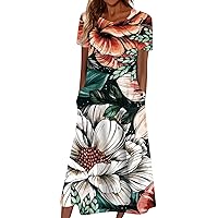 Women's Casual Dresses Printed Summer Printed Pleated Round Neck Maxi Dresses Basic Short Sleeve Loose Dresses