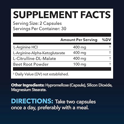 L Arginine L Citrulline Supplement Nitric Oxide Pills for Men | Stamina Endurance Performance for Workouts | L Arginine 500mg Nitrous Oxide Supplements for Men | 60 NO L-Arginine Plus Vegan Capsules