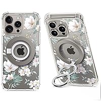 GVIEWIN Bundle - Compatible with iPhone 15 Pro Max Case Floral (Magnolia) + Magnetic Phone Ring Holder (Gray)