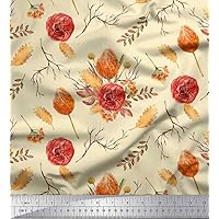 Soimoi Yellow Polyester Georgette Fabric Oak Autumn Leaves & Denmark Rose Floral Fabric Prints by Yard 42 Inch Wide