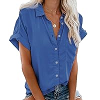 Andongnywell Casual Lapel Short Sleeve Shirt Pocket Shirt Women's wear Summer Solid Color Oversized Tops