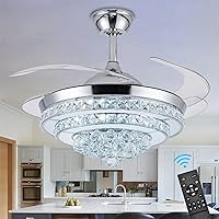 Crystal Ceiling Fans with Lights, Modern Dimmable Fandelier LED Remote Control Retractable Invisible Blades,42 Inch Indoor Reversible Ceiling Light Kits with Fans for Decorate Living Room Bedroom