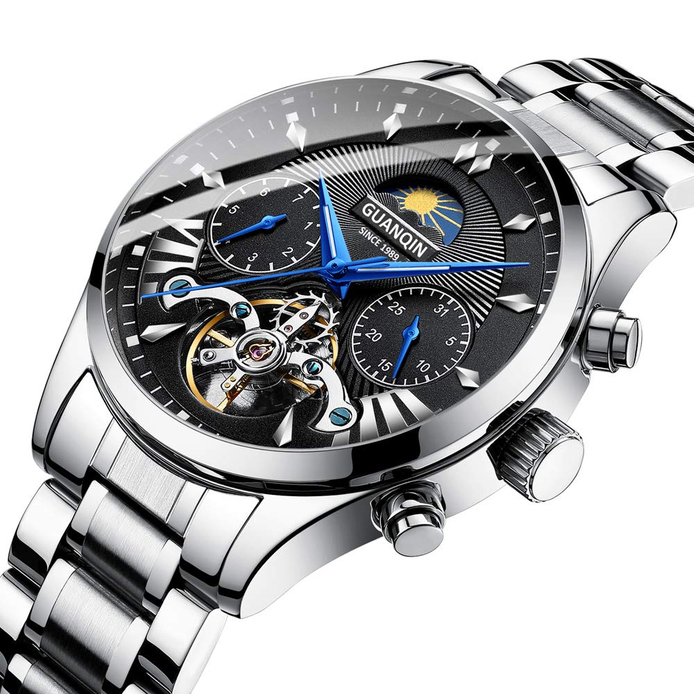 Guanqin Herren-Armbanduhr mit Kalender, analog, automatisch, selbstaufziehend, mechanisch, Skelett, mit Stahlband, Mondphase