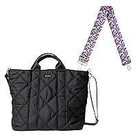 KEDZIE Cloud 9 Quilted Puffer Tote Bag Crossbody Purse (Black) & Interchangeable 2-Inch Bag Strap (Friends Forever V2)