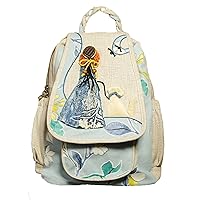 HUANGGUOSHU Women Cotton Woven Hippie Hemp Boho Canvas Embroidery Multi Pocket Retro Cute Backpack Wallet Backpack Little girl and dog watch the sea