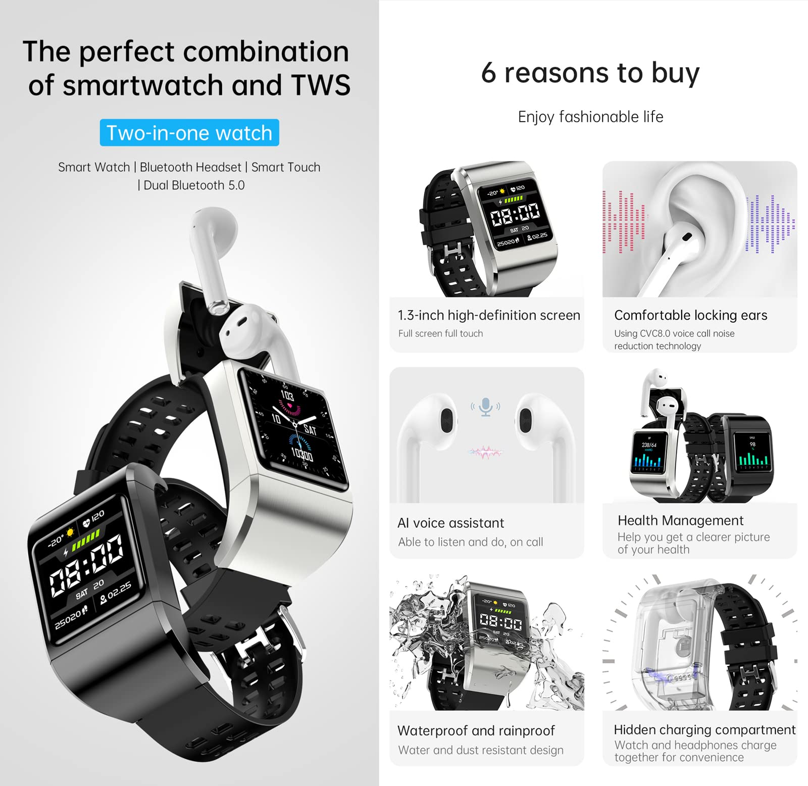 G36 Smart Bracelet 2 in 1 Smart Watch TWS Wireless Bluetooth Headset 1.3 Inch Screen Heart Rate Blood Pressure Oxygen Fitness Tracker Earbuds Music Wristband Earphone Smartwatch (G36Pro Black)