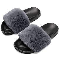 Spesoul Womens Furry Slippers Open Toe Indoor Outdoor House Casual Flat Slides Sandals