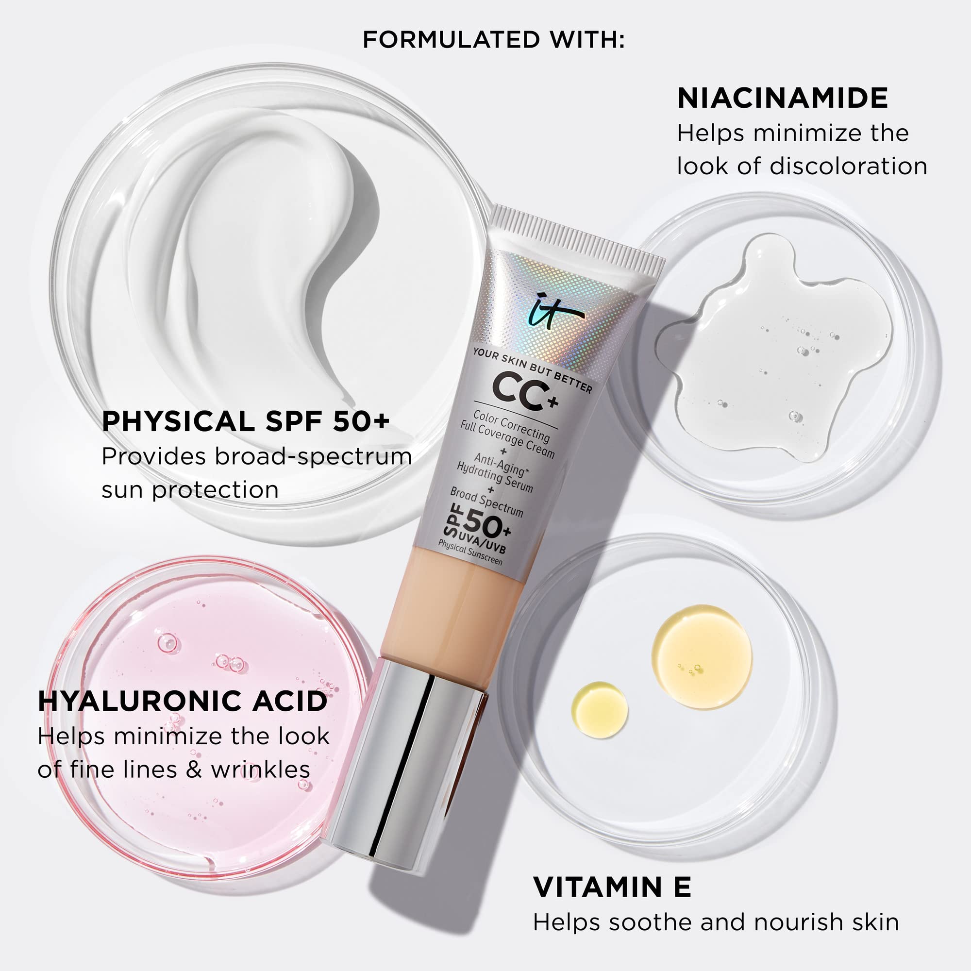IT Cosmetics Your Skin But Better CC+ Cream - Color Correcting Cream, Full-Coverage Foundation, Hydrating Serum & SPF 50+ Sunscreen - Natural Finish - 1.08 Fl. Oz