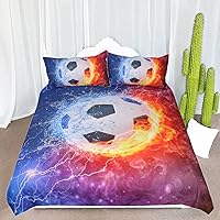 Fire and Ice Black and White Soccer Ball Bedding Set Football with Flames Duvet Cover Teen Boy Sports Bedding (Queen)