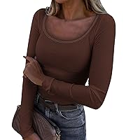 Workout Tops Winter Encanto Work Tunic Long Sleeve Tunics Womens Solid Stretchy Round Neck Cotton Fit Tunics Women Coffee