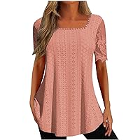 Women's Notch V Neck Blouses Lace Casual Short Sleeve Tunic Tops Loose Fit Button Henley Shirts Ladies Dressy Tee