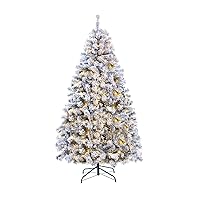 Prelit Christmas Tree 6FT Flocked, Premium Hinged Artificial Christmas Tree with LED Warm White Lights, Reinforced Metal Base & Easy Assembly