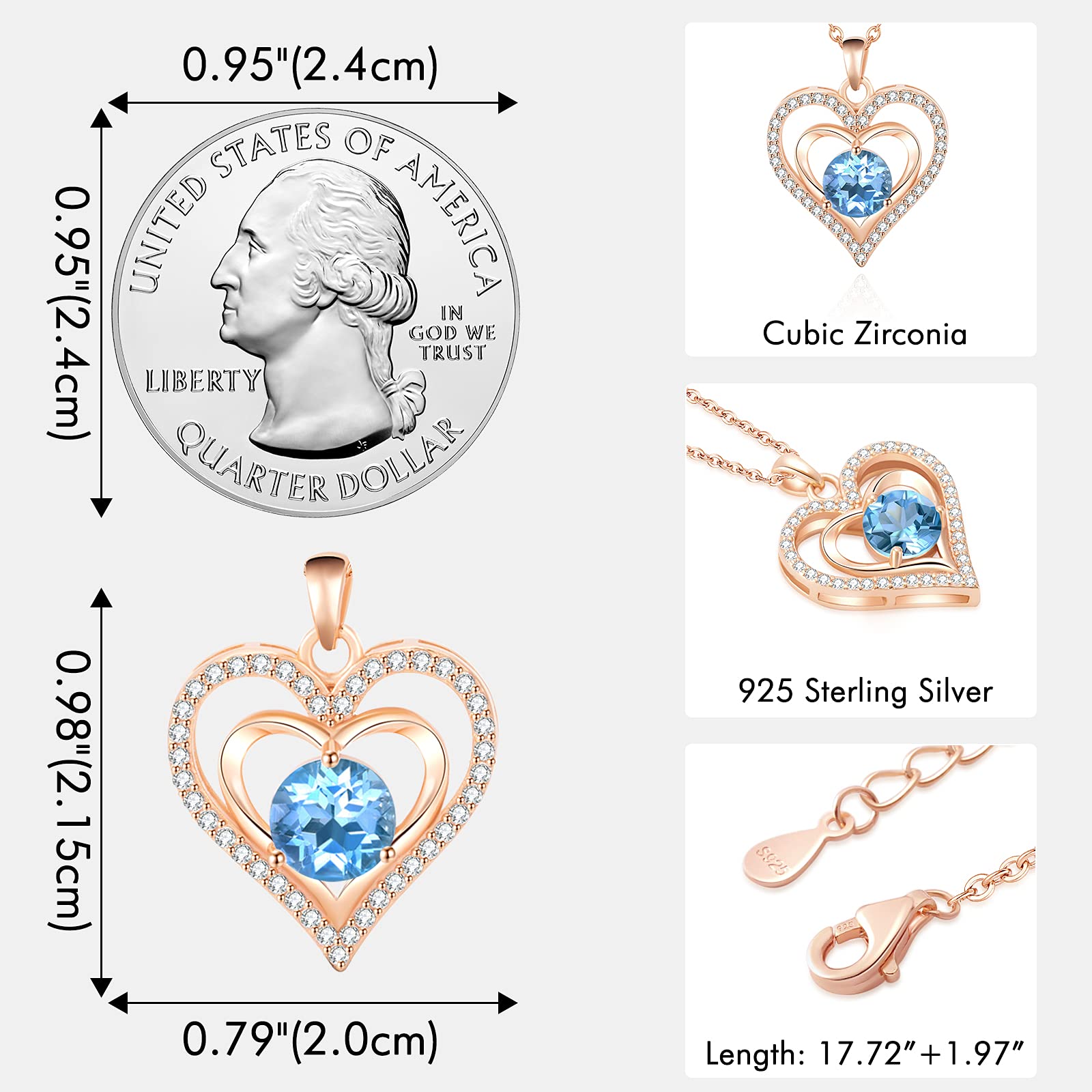 capirosa S925 Forever Love Heart Necklaces for Women Mother's Day Gifts Sterling Silver Rose Gold Diamond Birthstone Pendant Necklace Jewelry Anniversary Birthday Gifts for Mom Wife Her Girlfriend