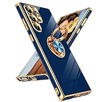 LeYi for Samsung Galaxy S22 Ultra Case: 360° Rotatable Ring Holder Magnetic Kickstand, Plating Rose Gold Edge Protective Samsung Galaxy S22 Ultra Case, Blue