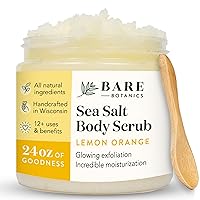 Bare Botanics Lemon Orange Body Scrub 24oz | Made in Madison, WI | All Natural Sea Salt Exfoliator w/ Skin Loving Moisturizers | Vegan & Cruelty Free | Gift Ready Packaging w/ a Cute Wooden Spoon