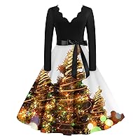 Christmas Dresses for Women Vintage Long Sleeve V-Neck Snowflake Printed Housewife Evening Party Prom Dresses