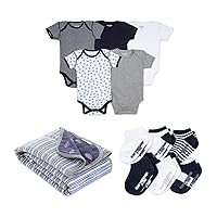 Bundle of Burt’s Bees Baby Unisex Baby Bodysuits, 5-Pack, 100% Organic Cotton + Reversible Blanket, Infant & Toddler Bedding + baby boys Socks, 6-pack Ankle With Non-slip Grips, 3-12 Months US