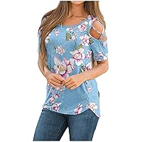 2021 Womens Summer Cold Shoulder Tops, Trendy Fashion Floral Casual Tunic Top, Ladies Sexy Loose Fit Tshirt Blouses B- Blue