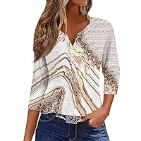 Boho Clothes for Women,3/4 Length Sleeve Womens Tops Button Henley V Neck Shirts Henley 2024 Summer Blouses Dressy Fashion Print Clothes Womens 3/4 Sleeve Tops and Blouses