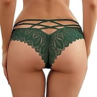 Sexy Lace Thong Panties For Women Naughty Slutty No Show Cage Back Bikini Panties Scallop Trim Floral Printed Hipster,Tanga Panties For Women Plus Size #Green L