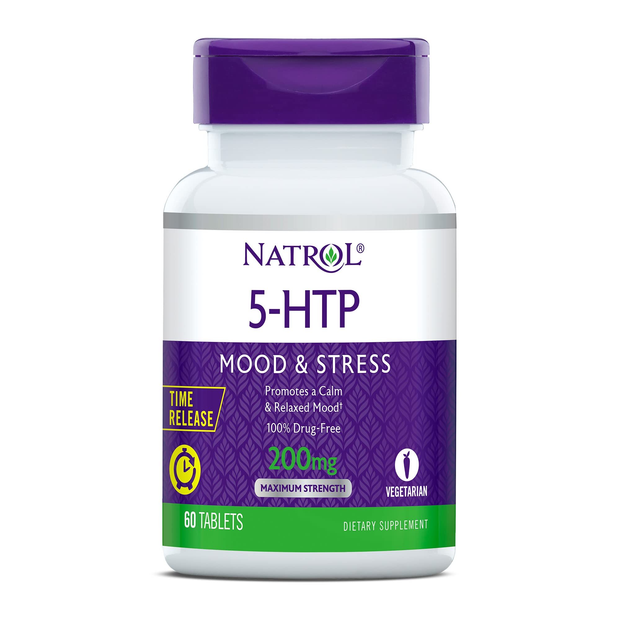 Natrol 5-HTP 200 mg Time Release Tablets, 60 Servings, Dietary Supplement, Promotes a Calm, Relaxed Mood, Controlled Release, Drug Free, Vegetarian