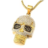 COOLSTEELANDBEYOND Steel Large Sugar Skull Pendant Necklace for Men Women with Cubic Zirconia and Wheat Chain