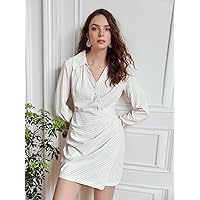 Women's Dress Striped Button Front Wrap Hem Shirt Dress Summer Dress (Size : X-Small)