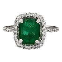 3.21 Carat Natural Green Emerald and Diamond (F-G Color, VS1-VS2 Clarity) 14K White Gold Engagement Ring for Women Exclusively Handcrafted in USA