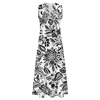 Summer Dresses for Women 2024 Boho Floral Maxi Dress V Neck Sleeveless Vintage Ruffle Flowy Beach Tank Dress with Pocket