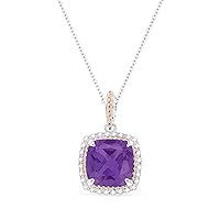 14K Rose And White Gold Cushion Shape 2.07ct Amethyst (8mm) & 0.08ct White Diamond Pendant Necklace