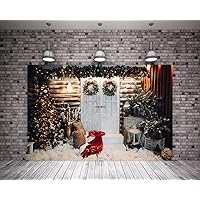 20X10ft Outdoor Scene Holiday Party Christmas Photo Background White Wooden Door Pine Wreath Background for Xmas Party Wall Decoration Supplies Photo Booth
