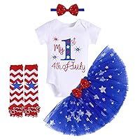 IMEKIS 4th of July Baby Girl Patriotic Outfit Romper Stars Tutu Skirt Headband Leg Warmers 4PCS Clothes Set for Photo Shoot