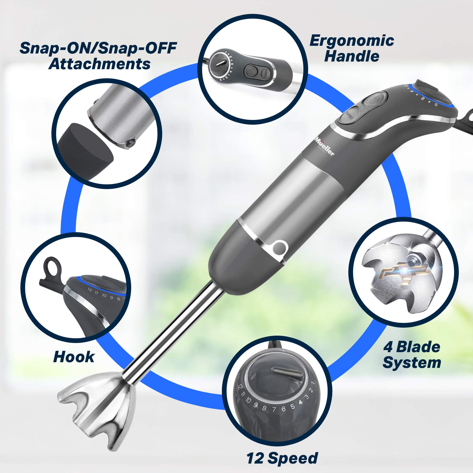 Mueller Smart Stick 800W, 12 Speed and Turbo Mode, 3-in-1, Heaviest Duty Copper Motor Immersion Blender, Titanium Steel Blades Hand Blender, Comfygrip Handle, Whisk, Beaker/Measuring Cup