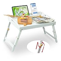 Bed Tray Table for Eating - Bamboo Breakfast Food Table with Phone Tablet Holder - Adjustable Height White Serving Tray with Folding Legs on Lap Sofa - Portable Laptop Snack Platter for Bedroom Picnic