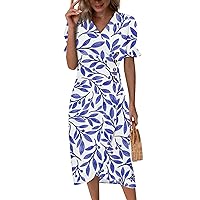Spring Dresses for Women 2024 Casual V Neck Solid Color Dress Button Short Sleeve Dress Elegant Flowy Midi Dress