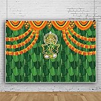 10x8ft Vinyl India Traditional Pooja Backdrop Marigold Green Banana Leaf Chatiya Ganesh Traditional Festival Background for Puja Ganpati Wedding Party Decorations Photo Booth Props