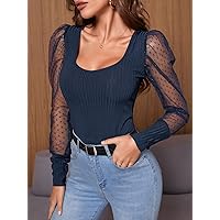 Women's Tops Sexy Tops for Women Shirts Contrast Dobby Mesh Gigot Sleeve Scoop Neck Top Shirts for Women (Color : Navy Blue, Size : Small)