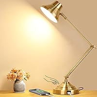 LED Desk Lamp with USB Port, Dimmable Touch Table Lamp with 3 Color Modes, Gold Reading Light with Adjustable Arm, Architect Desk Lamp for Home Office Bedside Nightstand Bedroom Living Room Study