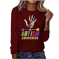 Autism Teacher Shirt Women's Autism Awareness Letter Long Sleeve Tops Funny Puzzle Hand Graphic Autism Support Tees